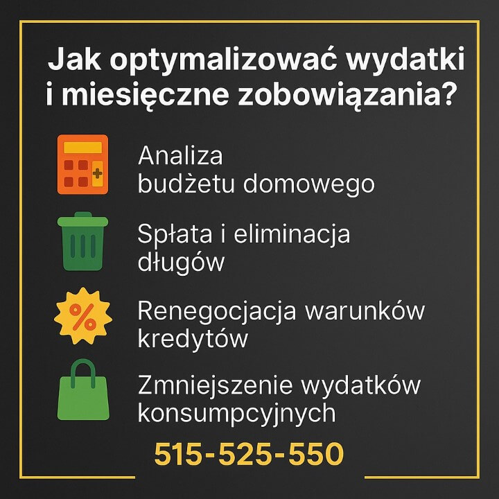 Infografika opisująca, jak zwiększyć zdolność kredytową dzięki optymalizacji wydatków. Pokazuje ikony analiz budżetu, eliminacji długów, renegocjacji kredytów i redukcji kosztów konsumpcyjnych. Czytelny układ, żółta ramka i numer telefonu 515-525-550.
