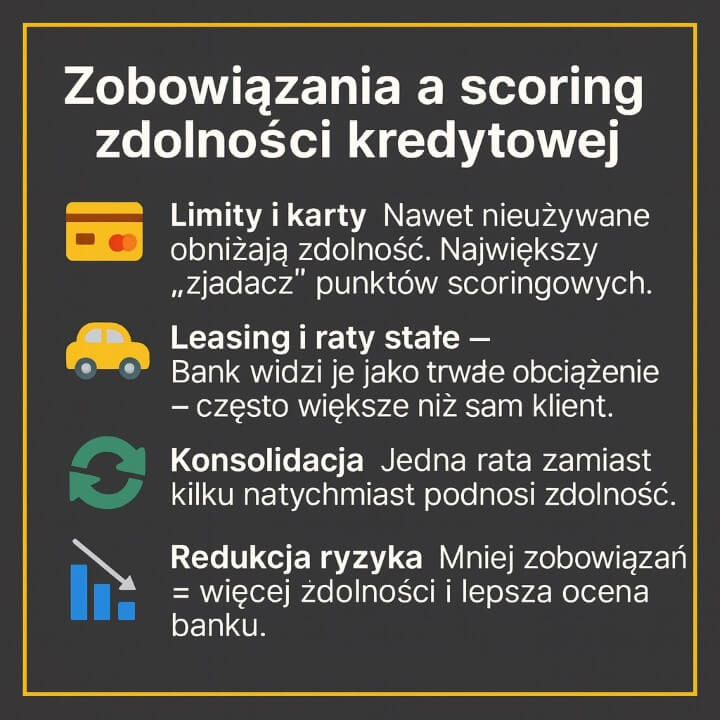 Grafika objaśnia, jak redukcja zobowiązań. wpływa na zdolność. Przedstawia ikony limitów i kart, leasingu, konsolidacji oraz redukcji ryzyka. Minimalistyczna infografika w ciemnych barwach z wyróżnionym numerem kontaktowym 515-525-550.