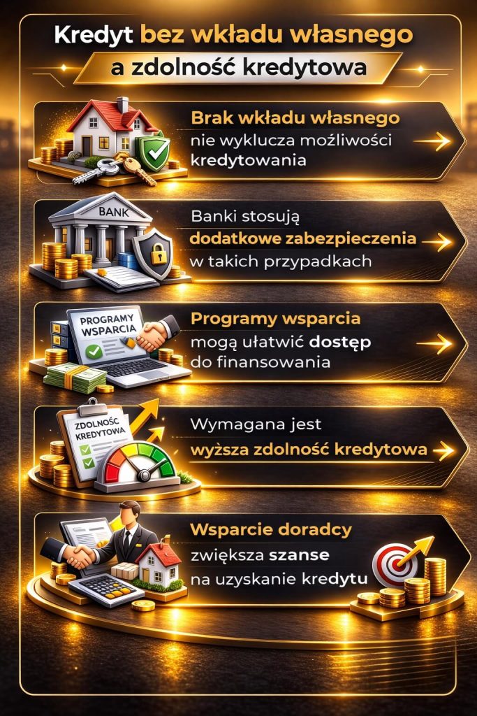 Sposoby na zwiększenie zdolności kredytowej – grafika pokazująca kredyt bez wkładu własnego. Brak oszczędności nie wyklucza finansowania, ale wymaga lepszej zdolności i dodatkowych zabezpieczeń. Wsparcie doradcy zwiększa szanse na pozytywną decyzję.