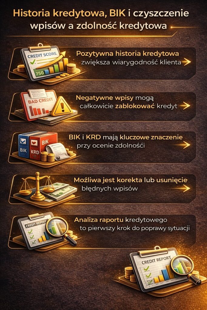 Jak poprawić zdolność kredytową – grafika dotycząca historii kredytowej, BIK i czyszczenia wpisów. Pozytywna historia zwiększa wiarygodność, a negatywne wpisy mogą zablokować kredyt. Analiza raportu i korekta danych to klucz do poprawy sytuacji.