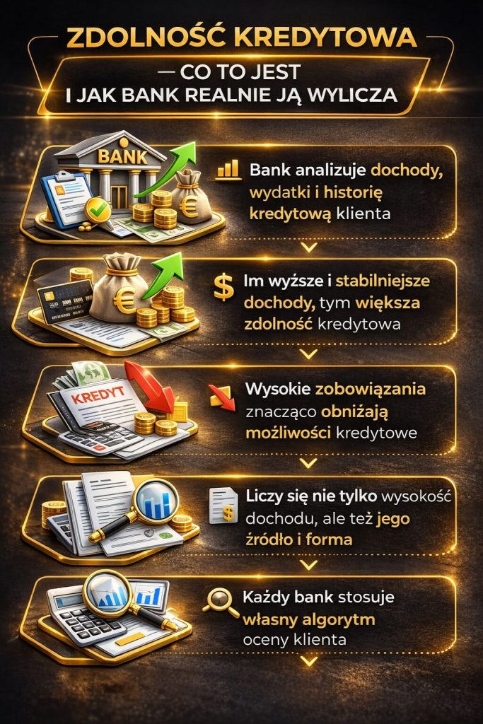 Jak zwiększyć zdolność kredytową – infografika wyjaśniająca, czym jest zdolność kredytowa i jak bank ją oblicza. Uwzględnia analizę dochodów, wydatków, historii kredytowej oraz wpływ stabilności finansowej na możliwość uzyskania kredytu hipotecznego.