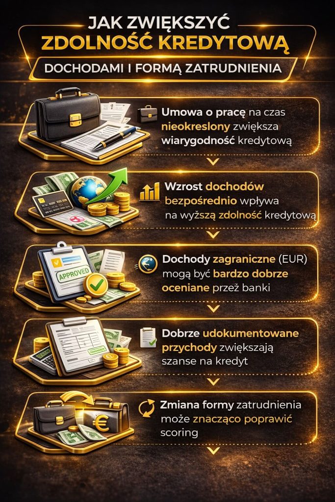 Jak zwiększyć zdolność kredytową – grafika pokazująca wpływ dochodów i formy zatrudnienia na decyzję kredytową. Umowa na czas nieokreślony, rosnące dochody i ich odpowiednia dokumentacja znacząco zwiększają szanse na uzyskanie kredytu hipotecznego.