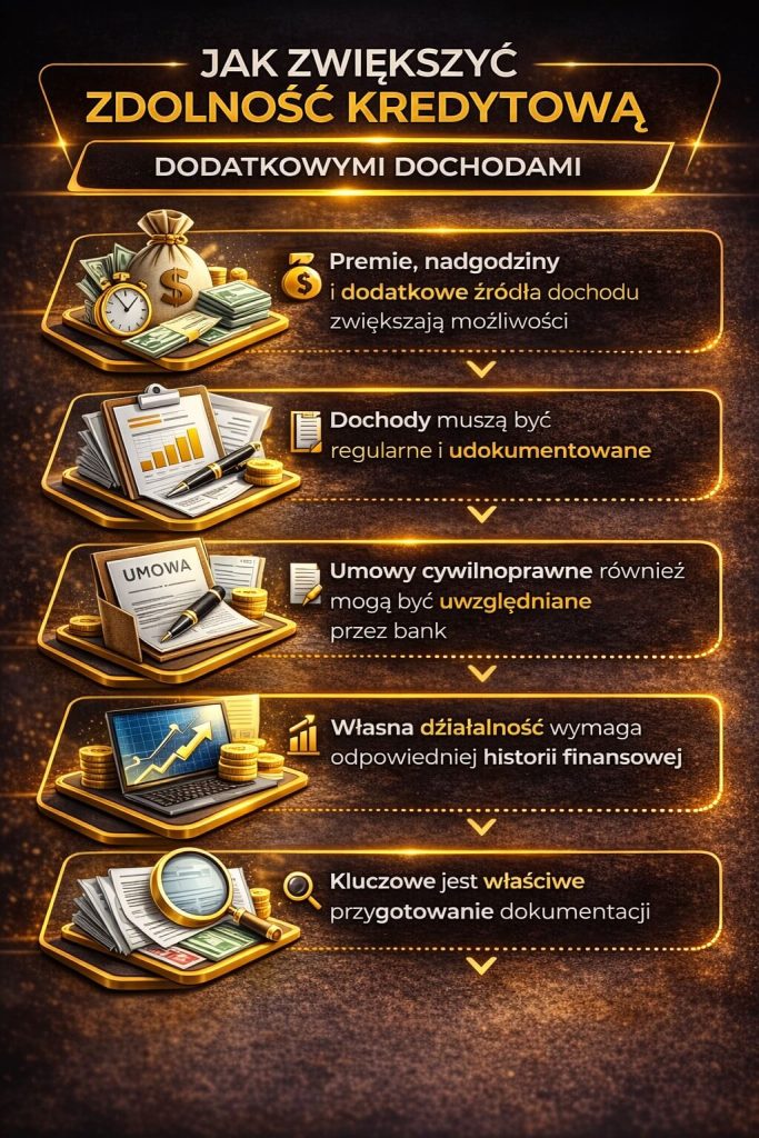 Jak zwiększyć zdolność kredytową – grafika prezentująca znaczenie dodatkowych dochodów. Premie, nadgodziny, umowy cywilnoprawne i działalność gospodarcza mogą zwiększyć zdolność kredytową, jeśli są regularne i odpowiednio udokumentowane.