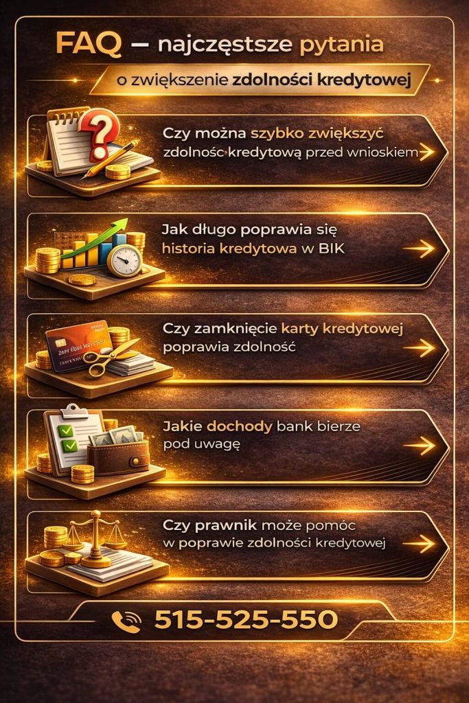 Jak zwiększyć zdolność kredytową – sekcja FAQ z najczęstszymi pytaniami dotyczącymi poprawy zdolności, historii BIK, dochodów i kart kredytowych. Praktyczne odpowiedzi pomagają lepiej przygotować się do wniosku o kredyt hipoteczny.