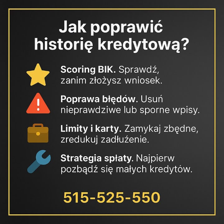 Ciemna infografika prezentująca sposoby, na zdolność kredytową poprzez poprawę historii kredytowej: analiza scoringu BIK, korekta błędów, zamykanie zbędnych limitów oraz strategia spłaty. Ikony w kolorach akcentowych i numer 515-525-550.