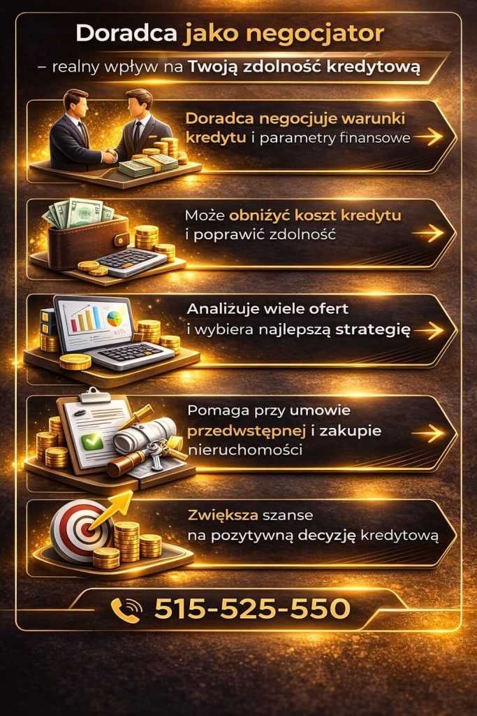 Jak poprawić swoją zdolność kredytową – infografika prezentująca rolę doradcy jako negocjatora. Analiza ofert, negocjowanie warunków kredytu i wsparcie przy zakupie nieruchomości mogą obniżyć koszt finansowania i zwiększyć szanse na decyzję pozytywną.