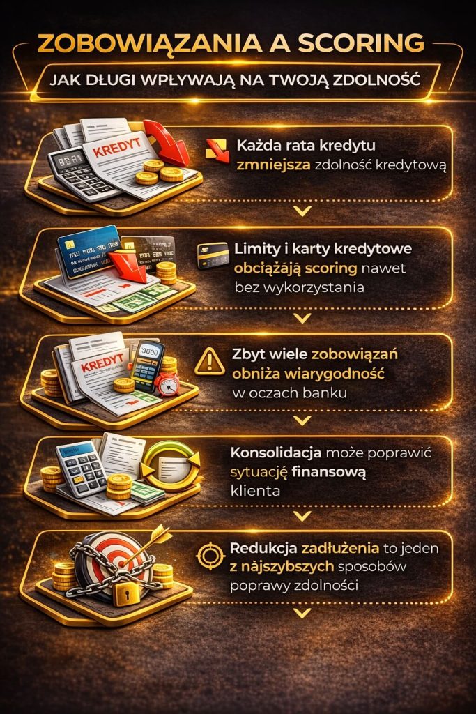 Jak zwiększyć zdolność kredytową – infografika przedstawiająca wpływ zobowiązań i scoringu na ocenę klienta przez bank. Wysokie raty, limity kredytowe i nadmiar zobowiązań obniżają zdolność, natomiast konsolidacja i redukcja długów ją poprawiają.