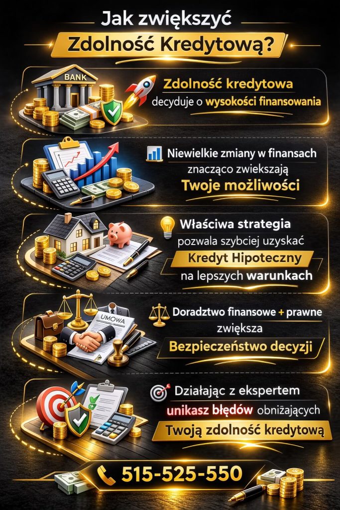 Jak zwiększyć zdolność kredytową – grafika przedstawiająca kluczowe czynniki wpływające na wysokość finansowania, strategię kredytową oraz rolę doradcy. Wizualizacja pokazuje, że nawet niewielkie zmiany w finansach mogą znacząco poprawić możliwości uzyskania kredytu hipotecznego.