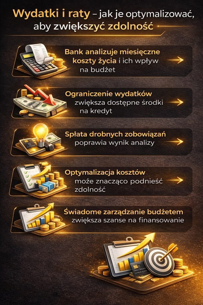 Jak zwiększyć zdolność kredytową – infografika pokazująca wpływ wydatków i rat na decyzję banku. Ograniczenie kosztów życia, spłata zobowiązań oraz świadome zarządzanie budżetem zwiększają dostępne środki i poprawiają szanse na kredyt hipoteczny.