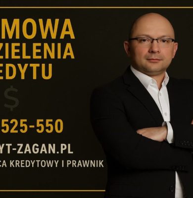 Grafika przedstawia doradcę kredytowego i prawnika w eleganckim garniturze na ciemnym tle, obok dużego nagłówka „Odmowa udzielenia kredytu”, z numerem kontaktowym 515-525-550 oraz adresem kredyt-zagan.pl, promująca pomoc po odmowie kredytu i analizę BIK.
