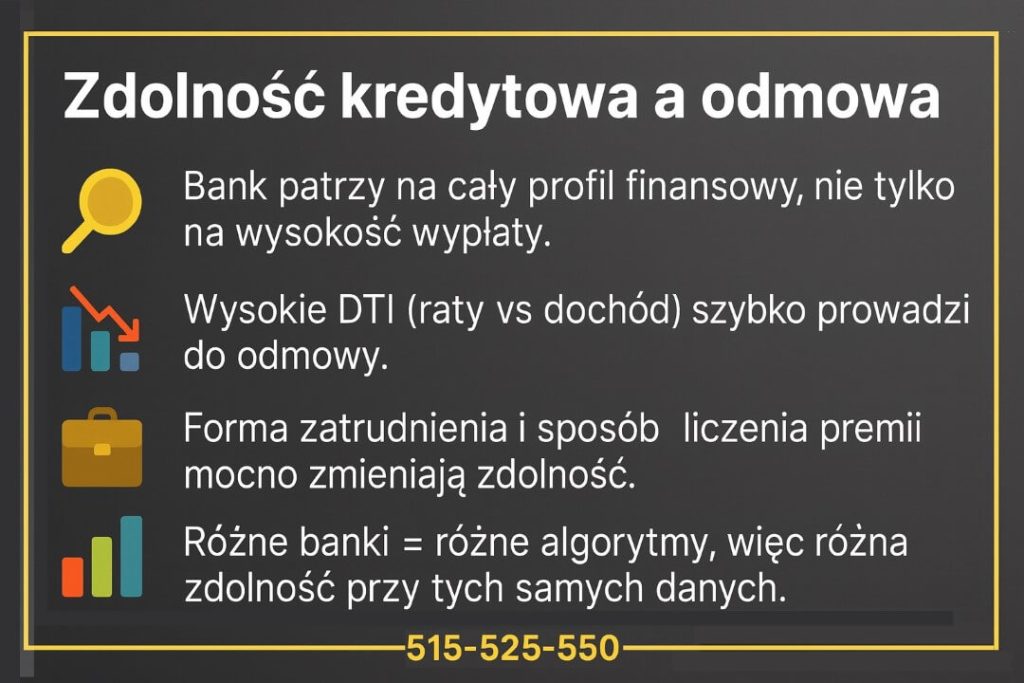 Grafika wyjaśniająca, jak zdolność wpływa na „odmowę udzielenia kredytu”: znaczenie dochodu, DTI, formy zatrudnienia, sposobu liczenia premii i algorytmów banków. Ilustracje w żółtej stylistyce i kontakt 515-525-550 ułatwiają zrozumienie tematu.