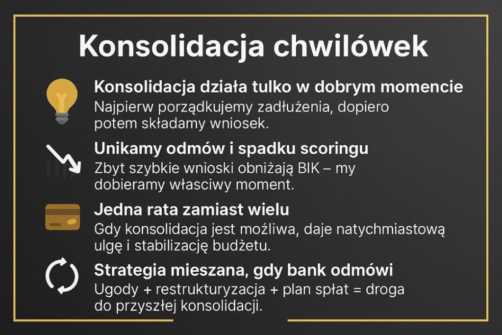 Grafika wyjaśniająca, jak konsolidacja może pomóc przerwać pętlę chwilówek: właściwy moment złożenia wniosku, unikanie odmów, jedna rata zamiast wielu oraz strategia mieszana przy braku zgody banku. Jasne ikony i kontakt 515-525-550 podkreślają profesjonalną pomoc.