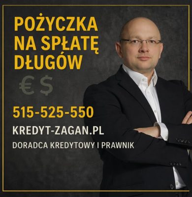Pożyczka na spłatę długów z pomocą doradcy kredytowego i prawnika. Grafika pokazuje eksperta finansowego oferującego analizę zadłużenia, uporządkowanie rat, wsparcie przy BIK oraz bezpieczny plan wyjścia z długów dla osób w trudnej sytuacji finansowej.