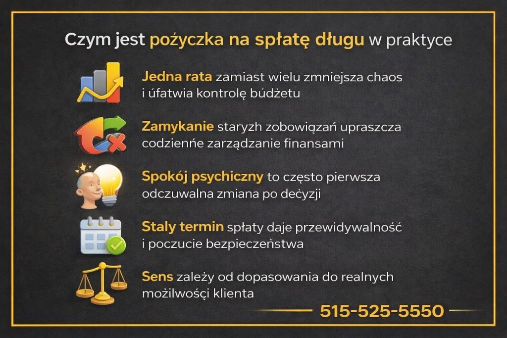 Pożyczka na spłatę długów przedstawiona w formie infografiki wyjaśniającej, jak jedna rata zamiast wielu porządkuje budżet domowy. Grafika pokazuje uproszczenie finansów, redukcję chaosu, odzyskanie kontroli nad zobowiązaniami oraz znaczenie dopasowania rozwiązania do realnych możliwości klienta.