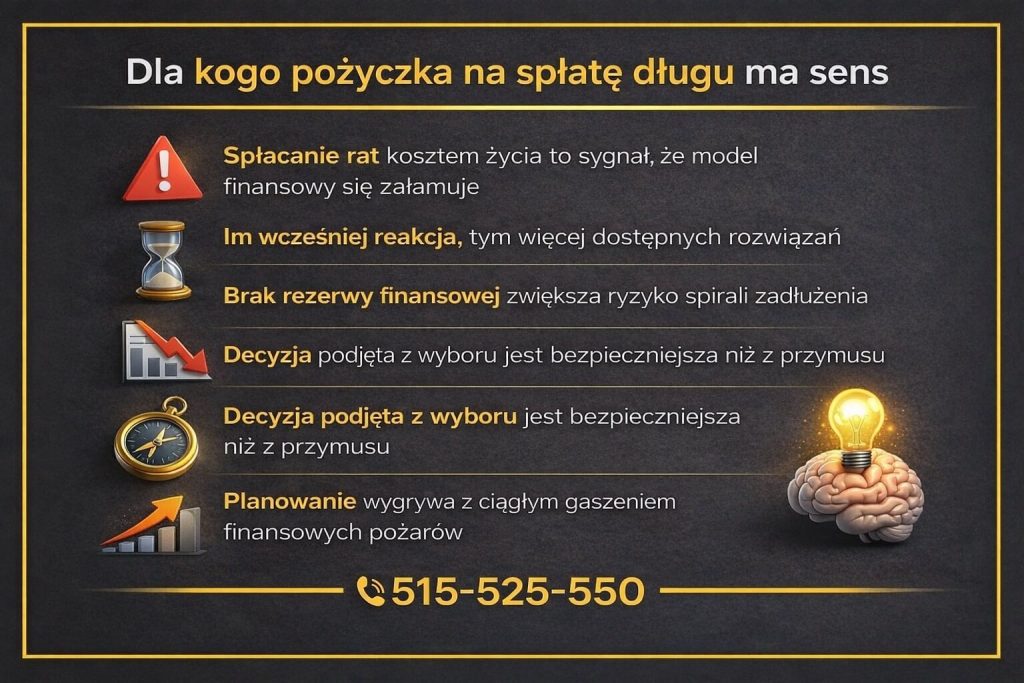 Pożyczka na spłatę długów zaprezentowana jako rozwiązanie dla osób, u których spłacanie rat odbywa się kosztem życia. Grafika wskazuje moment załamania modelu finansowego, brak rezerwy, znaczenie szybkiej reakcji oraz przewagę decyzji podjętej z wyboru nad działaniem pod presją.