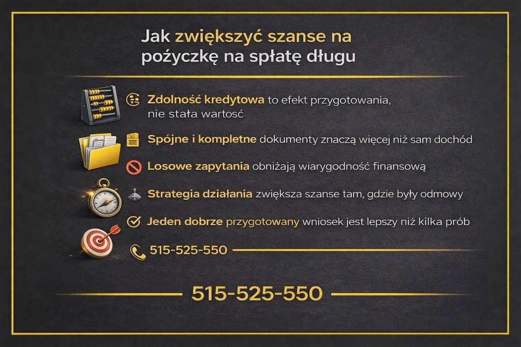 Pożyczka na spłatę długów pokazana w kontekście zwiększania szans na pozytywną decyzję finansową. Infografika podkreśla rolę zdolności kredytowej jako efektu przygotowania, znaczenie spójnych dokumentów, unikanie losowych zapytań oraz przewagę jednej dobrze zaplanowanej strategii.