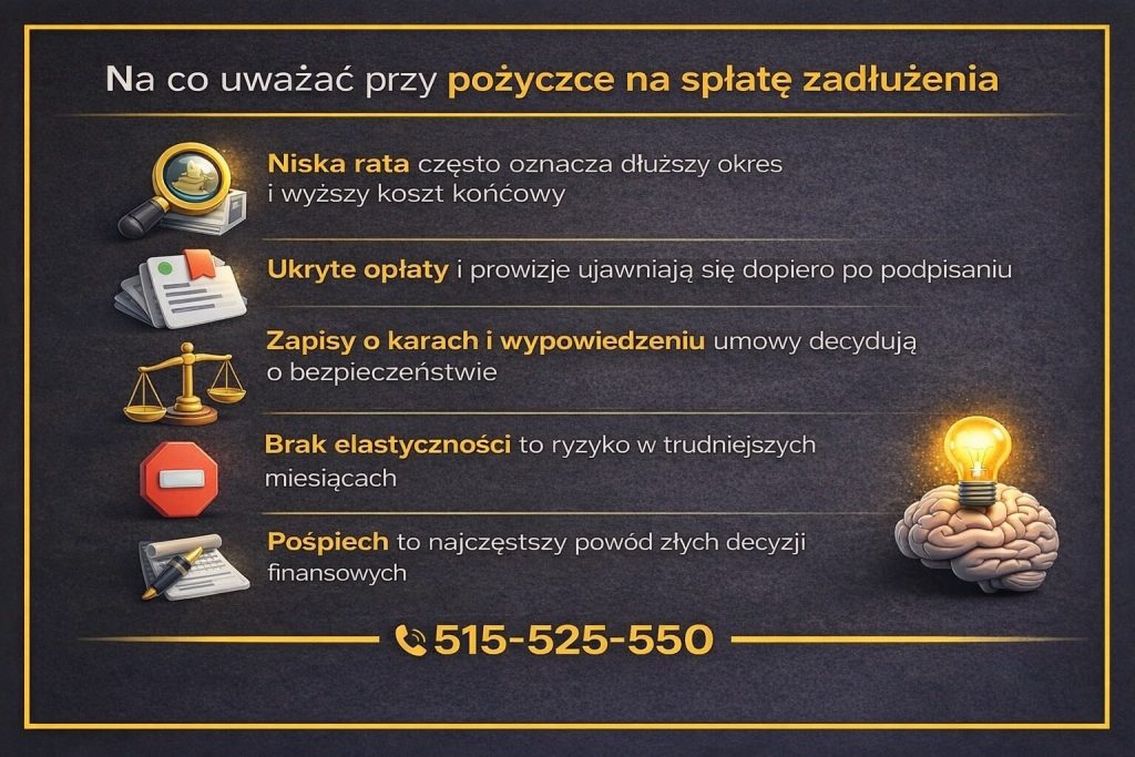 Finansowanie na spłatę zadłużenia pokazane w kontekście ryzyk, na które należy zwrócić uwagę. Infografika wskazuje, że niska rata może oznaczać wyższy koszt końcowy, podkreśla znaczenie zapisów umowy, ukrytych opłat, elastyczności spłaty oraz zagrożeń wynikających z pośpiechu.
