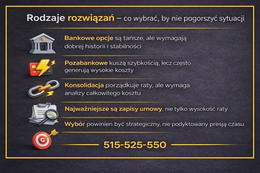 Sposoby spłaty zadłużenia pokazane w formie porównania dostępnych rozwiązań finansowych. Grafika prezentuje różnice między opcjami bankowymi, pozabankowymi i konsolidacją, podkreślając znaczenie analizy całkowitego kosztu, zapisów umowy oraz wyboru bez presji czasu.