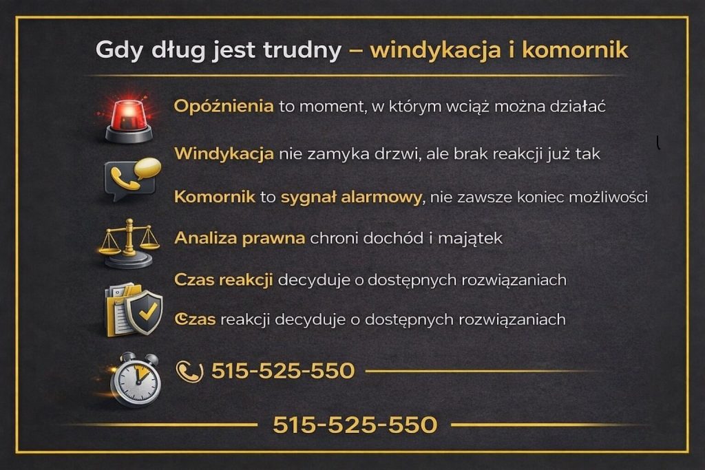 Pomoc w trudnym zadłużeniu przedstawiona w kontekście windykacji i egzekucji komorniczej. Infografika pokazuje, że opóźnienia to moment na działanie, windykacja nie zamyka wszystkich drzwi, a analiza prawna może chronić dochód i majątek przed dalszymi konsekwencjami.