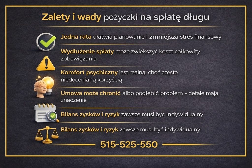 Analiza zalet i wad rozwiązania na spłatę zadłużenia zaprezentowana w formie infografiki. Grafika wskazuje korzyści jednej raty i komfortu psychicznego, ale także ryzyka wydłużenia spłaty, znaczenie szczegółów umowy oraz konieczność indywidualnego bilansu zysków i zagrożeń.