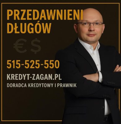 Profesjonalna grafika promująca pomoc w sprawach przedawnienia długów. Na ciemnym tle w złotej ramce widoczny doradca kredytowy i prawnik w garniturze, obok hasło „Przedawnienie długów”, numer telefonu 515-525-550 oraz adres kredyt-zagan.pl.