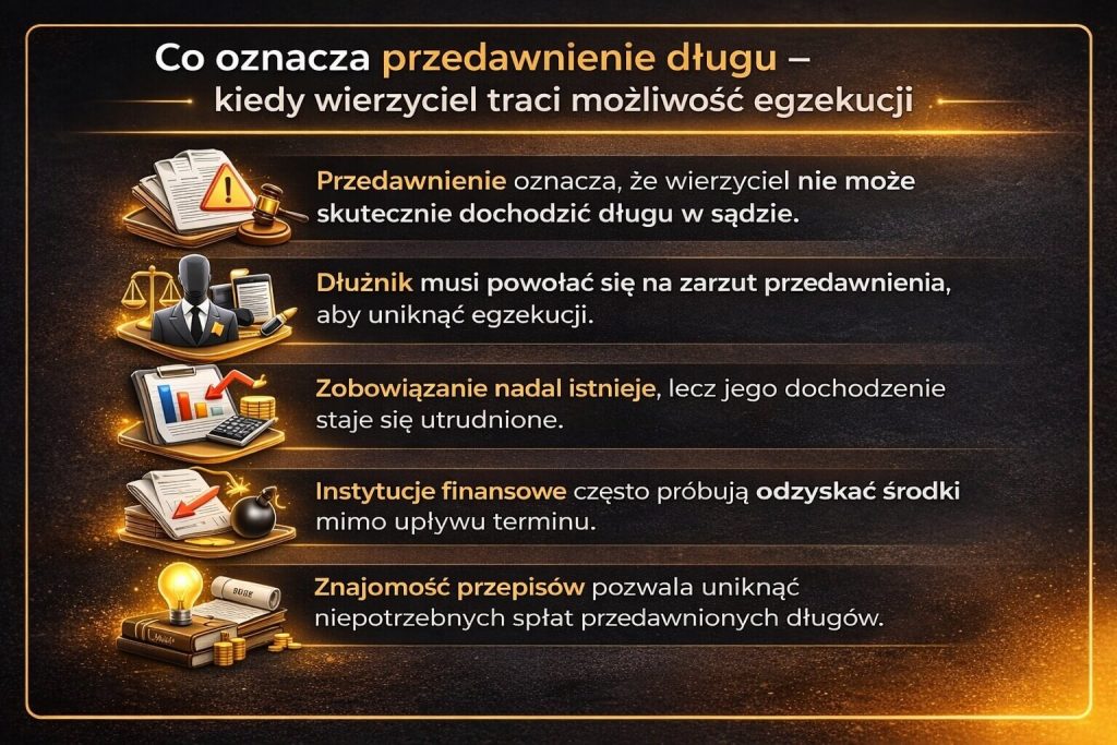 Przedawnienie długów co oznacza w praktyce – wizualne wyjaśnienie, kiedy wierzyciel traci możliwość skutecznej egzekucji oraz jak dłużnik może wykorzystać zarzut przedawnienia, aby uniknąć spłaty zobowiązania w sądzie.