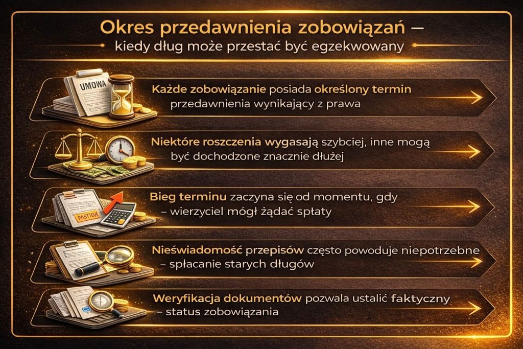 Przedawnienie długów czas trwania – ilustracja prezentuje różnice między rodzajami zobowiązań oraz wpływ postępowań sądowych i egzekucyjnych na wydłużenie okresu dochodzenia roszczeń przez wierzyciela.