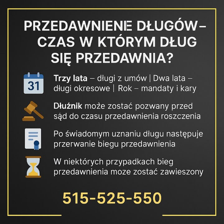 Grafika przedstawia kluczowe informacje o czasie, w którym następuje przedawnienie. Obok ikon kalendarza, młotka sądowego i dokumentów widnieją krótkie objaśnienia dotyczące terminów oraz numer telefonu do specjalisty.