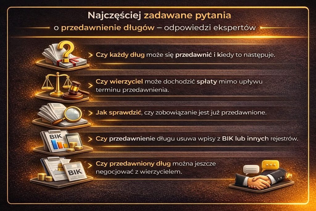 Najczęstsze pytania o wygaśnięcie zobowiązań finansowych – grafika FAQ wyjaśnia kiedy roszczenia się przedawniają, czy można je egzekwować oraz jak sprawdzić status długu i jego wpływ na historię kredytową.