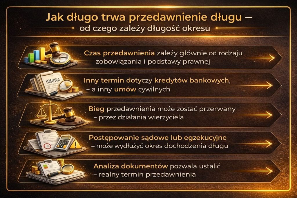 Przedawnienie długów jak długo trwa – grafika pokazuje, od czego zależy czas przedawnienia zobowiązań, jakie znaczenie ma rodzaj umowy oraz jakie działania wierzyciela mogą przerwać bieg przedawnienia długu.