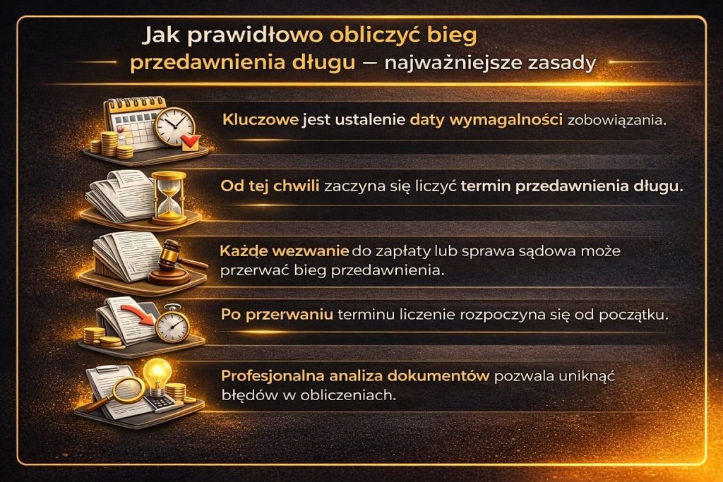 Przedawnienie długów jak liczyć – grafika wyjaśnia zasady obliczania biegu przedawnienia, znaczenie daty wymagalności oraz wpływ wezwań do zapłaty i spraw sądowych na rozpoczęcie lub przerwanie biegu terminu.