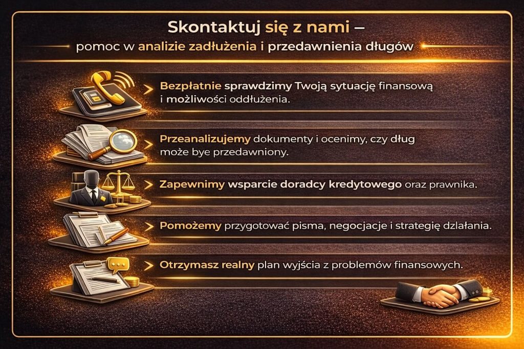 Pomoc w sprawdzeniu przedawnienia zobowiązań i wyjściu z długów – grafika przedstawia bezpłatną analizę sytuacji finansowej, wsparcie doradcy kredytowego i prawnika oraz przygotowanie strategii oddłużenia klienta.