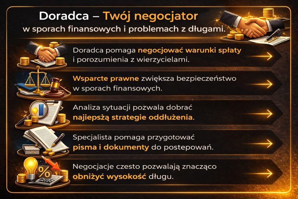 Negocjacje długu po upływie terminu przedawnienia – ilustracja pokazuje rolę doradcy jako negocjatora, wsparcie prawne oraz strategie obniżania zadłużenia i przygotowania dokumentów w sporach finansowych.