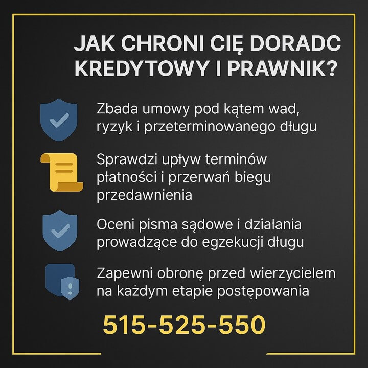 Edukacyjna grafika prezentująca, w jaki sposób doradca kredytowy i prawnik wspiera klientów w analizie i kontroli przedawnienia długów. Ikony tarczy, dokumentów i ochrony podkreślają zakres pomocy, a na dole widoczny jest numer telefonu kontaktowego.