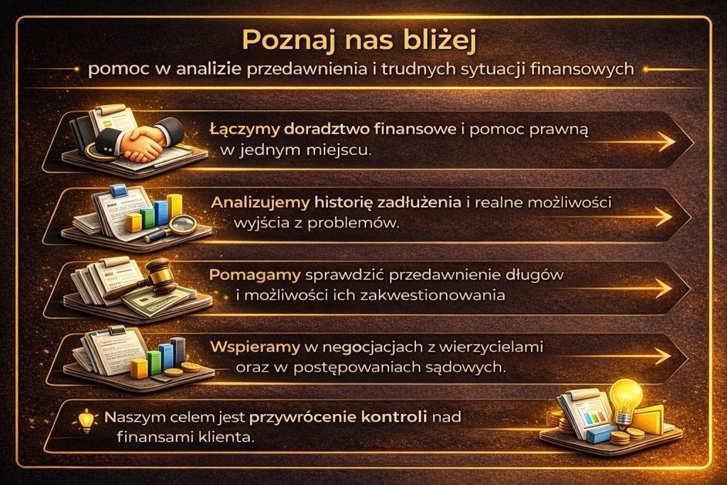 Analiza przedawnienia zobowiązań i pomoc finansowo-prawna – grafika przedstawia kompleksowe wsparcie doradcy kredytowego i prawnika w ocenie sytuacji zadłużenia, negocjacjach oraz odzyskaniu kontroli nad finansami.