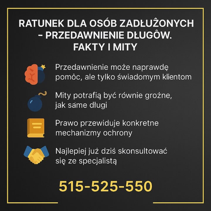Ciemna grafika edukacyjna omawiająca fakty i mity. Obok kolorowych ikon znajduje się lista wskazówek dla osób zadłużonych oraz numer telefonu do doradcy i prawnika pomagającego klientom.
