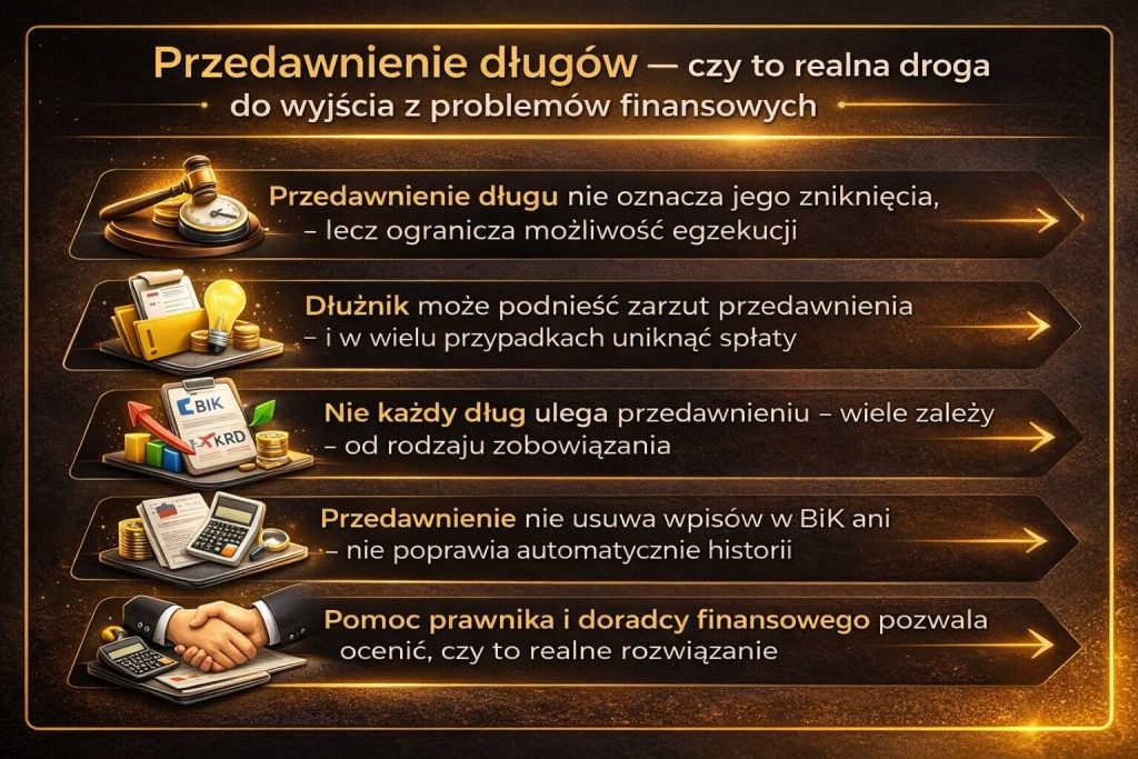 Przedawnienie długów jako szansa na wyjście z problemów finansowych – grafika przedstawia kluczowe zasady, ograniczenia egzekucji oraz konieczność indywidualnej analizy sytuacji zadłużonego klienta z pomocą doradcy kredytowego i prawnika.