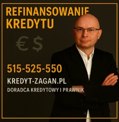 Doradca kredytowy i prawnik prezentujący ofertę refinansowania kredytu. Grafika w kolorystyce czarno-złotej z numerem telefonu 515-525-550 i adresem kredyt-zagan.pl, podkreślająca analizę kredytu, niższe raty, lepsze warunki finansowe oraz profesjonalne wsparcie przy zmianie banku.