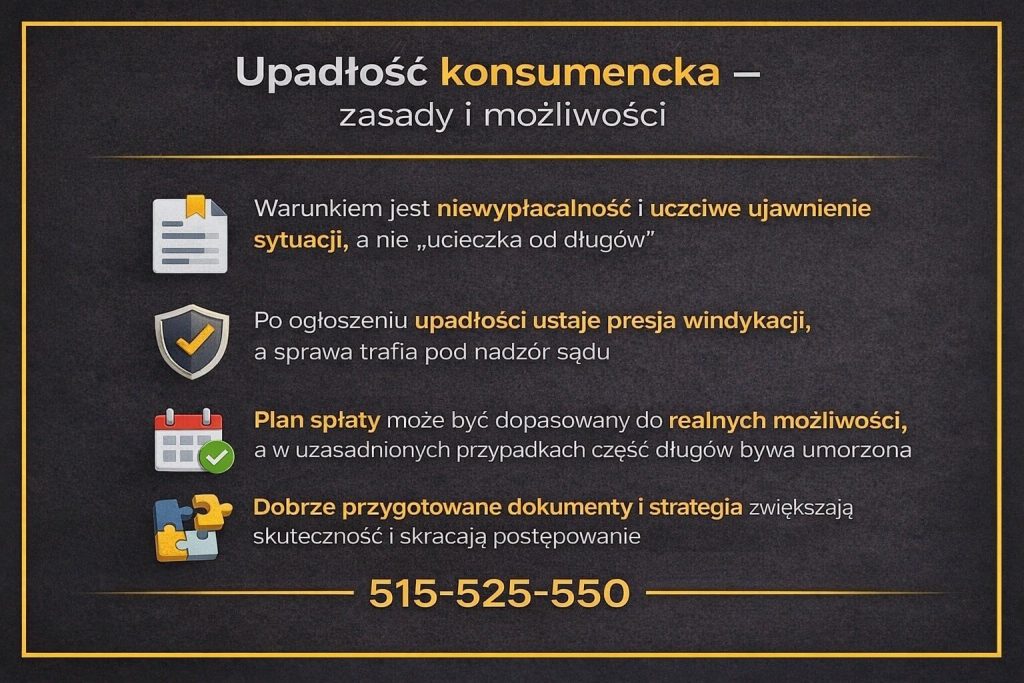 Upadłość konsumencka - zasady i możliwości oddłużenia osoby fizycznej. Grafika pokazuje warunki ogłoszenia upadłości, zatrzymanie presji windykacji, rolę sądu oraz możliwość ustalenia planu spłaty dopasowanego do realnych możliwości lub częściowego umorzenia długów.