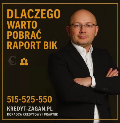 Grafika przedstawia doradcę kredytowego i prawnika z Żagania oraz hasło 'Dlaczego warto pobrać raport BIK', podkreślając znaczenie sprawdzenia historii kredytowej, analizy limitów, zapytań i stabilności finansowej przed złożeniem wniosku o kredyt hipoteczny
