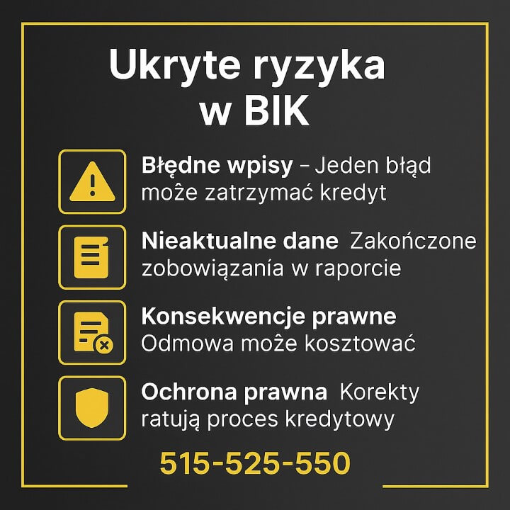 Grafika Ukryte ryzyka z żółtymi ikonami trójkąta ostrzegawczego, dokumentów i tarczy pokazuje błędne wpisy, nieaktualne dane, konsekwencje prawne i ochronę prawną. 