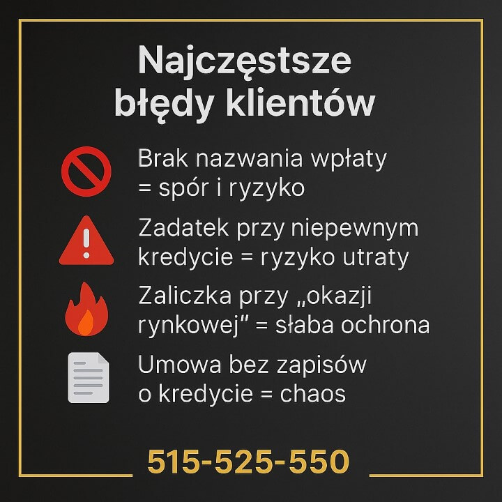 Przejrzysta grafika omawia błędy popełniane przez kupujących przy wyborze. Wskazuje ryzyko braku nazwania wpłaty, zagrożenia przy niepewnym kredycie, słabą ochronę przy okazjach rynkowych oraz problemy wynikające z braku zapisów o kredycie w umowie.