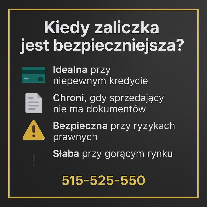 Na grafice przedstawiono sytuacje, w których zaliczka jest lepszym wyborem. Ujęto niepewny kredyt, brak dokumentów u sprzedającego, ryzyka prawne nieruchomości oraz ostrzeżenie, że przy bardzo gorącym rynku zaliczka może nie zapewniać wystarczającej ochrony kupującemu.
