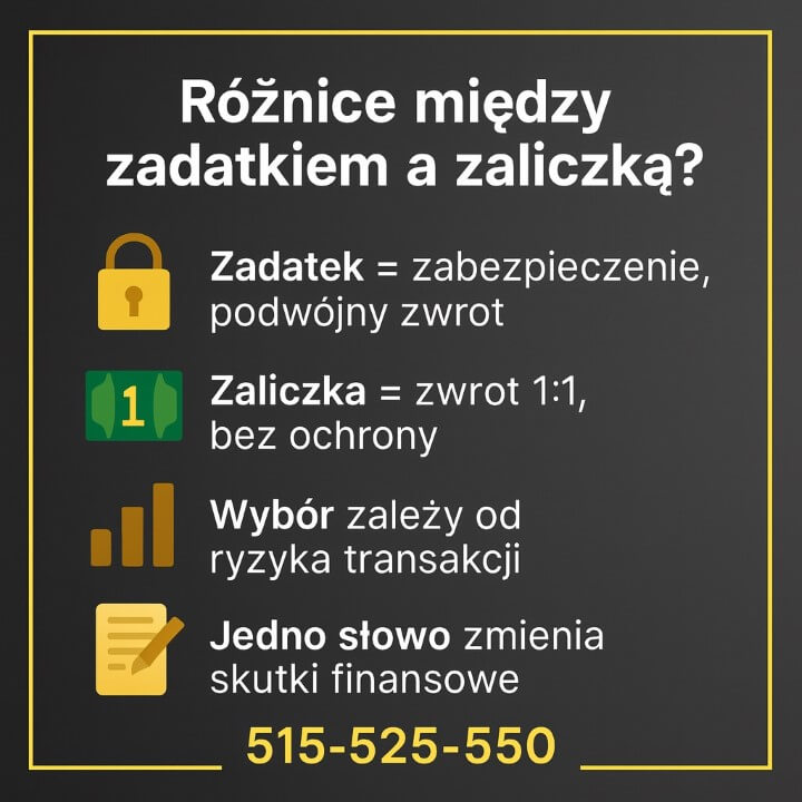Infografika porównuje najważniejsze różnice między zadatek czy zaliczka przy zakupie nieruchomości. Przedstawia zasady zwrotu środków, ochronę kupującego, wpływ ryzyka transakcji oraz to, jak jeden zapis w umowie może diametralnie zmienić konsekwencje finansowe obu stron.