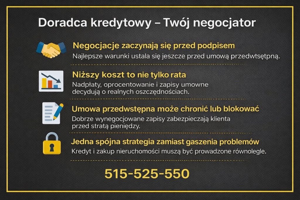 Doradca kredytowy i prawny prowadzący negocjacje warunków kredytu hipotecznego, analizujący umowę przedwstępną, zapisy finansowe i prawne oraz zabezpieczający klienta przed nadmiernymi kosztami, ryzykiem umownym i niekorzystnymi decyzjami banku