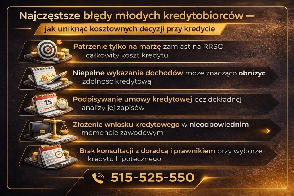 Finansowanie mieszkania dla młodych – najczęstsze błędy przy kredycie hipotecznym, takie jak brak analizy RRSO, niepełne dochody czy podpisanie umowy bez konsultacji z doradcą i prawnikiem