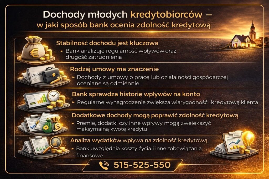 Kredyt hipoteczny dla młodych – analiza dochodów i zdolności kredytowej, znaczenie umowy o pracę, historii wpływów na konto oraz dodatkowych dochodów wpływających na decyzję kredytową banku