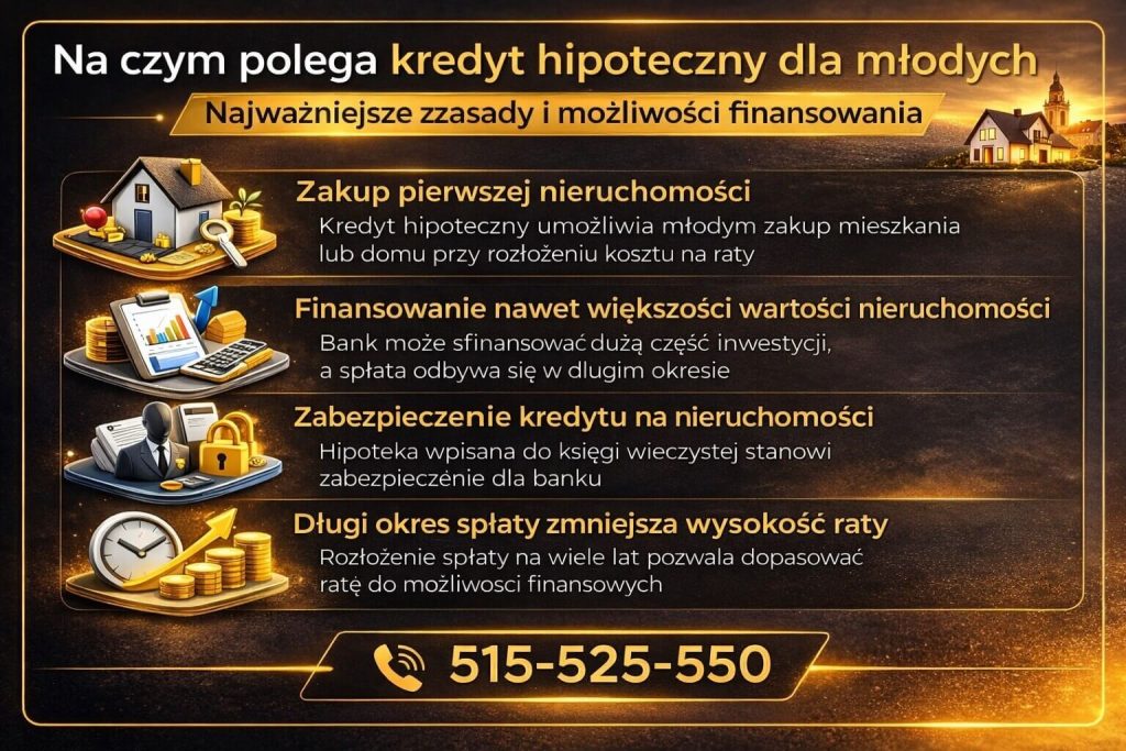 Kredyt hipoteczny dla młodych – infografika wyjaśniająca zasady finansowania zakupu pierwszej nieruchomości, w tym długi okres spłaty, zabezpieczenie hipoteczne oraz możliwość sfinansowania dużej części wartości mieszkania lub domu