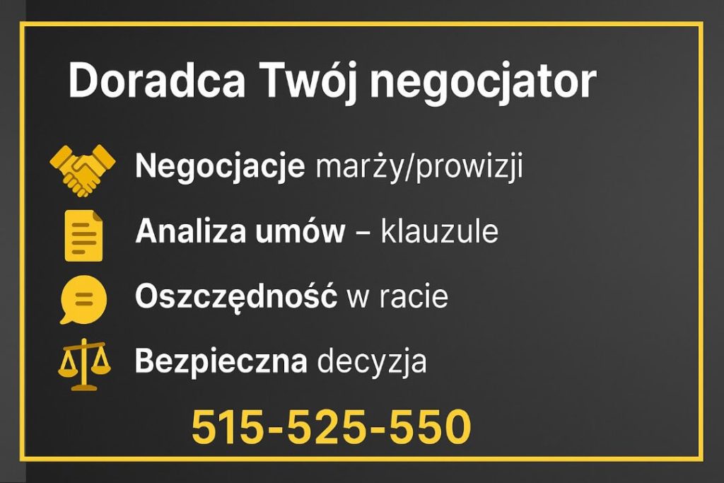 Plansza „Doradca Twój negocjator” podkreśla wsparcie przy kredycie hipotecznym dla młodych: negocjacje marży i prowizji, analiza umów i klauzul, oszczędność w racie, bezpieczna decyzja. Estetyka czarno-złota, ikony i wyraźny call to action.