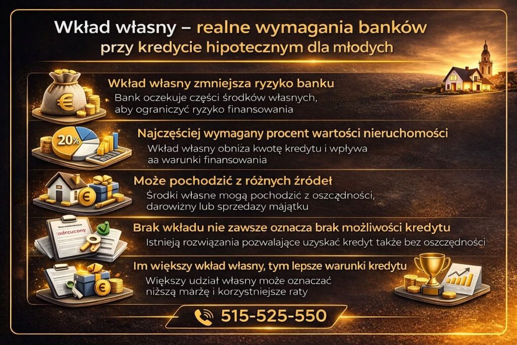 Kredyt hipoteczny dla młodych – wkład własny i wymagania banków, procent finansowania nieruchomości, źródła środków oraz wpływ wysokości wkładu na warunki kredytu i zdolność kredytową młodego klienta